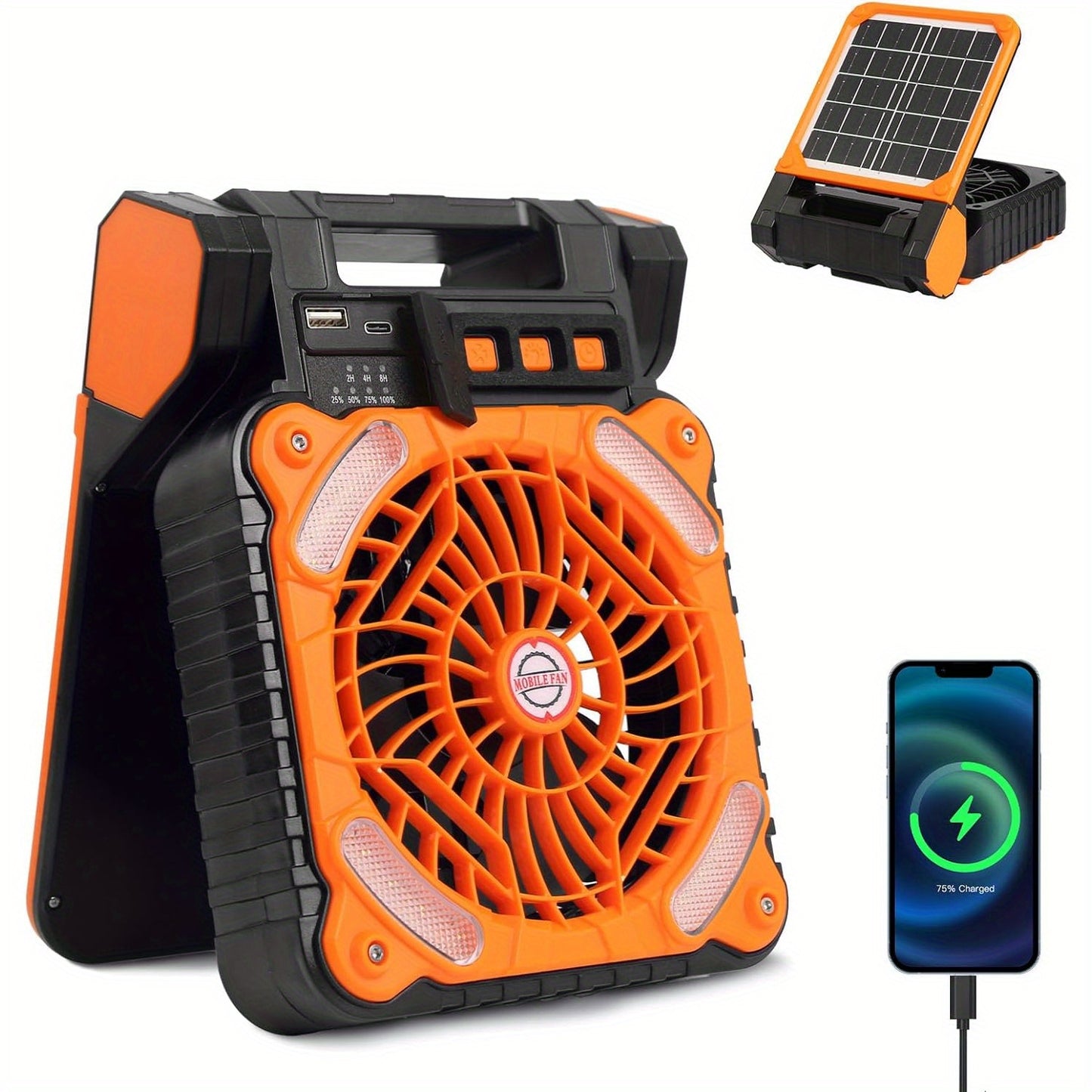 Rechargeable 10000mAh Car Solar Fan - Portable, 4-Speed, Battery Operated, LED Light, Camping Essentials for Picnic, Bedroom, Fishing