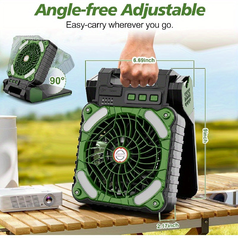 Rechargeable 10000mAh Car Solar Fan - Portable, 4-Speed, Battery Operated, LED Light, Camping Essentials for Picnic, Bedroom, Fishing