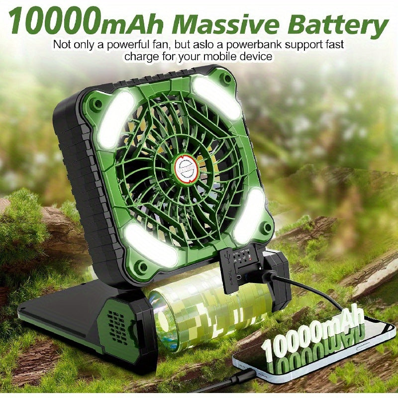 Rechargeable 10000mAh Car Solar Fan - Portable, 4-Speed, Battery Operated, LED Light, Camping Essentials for Picnic, Bedroom, Fishing