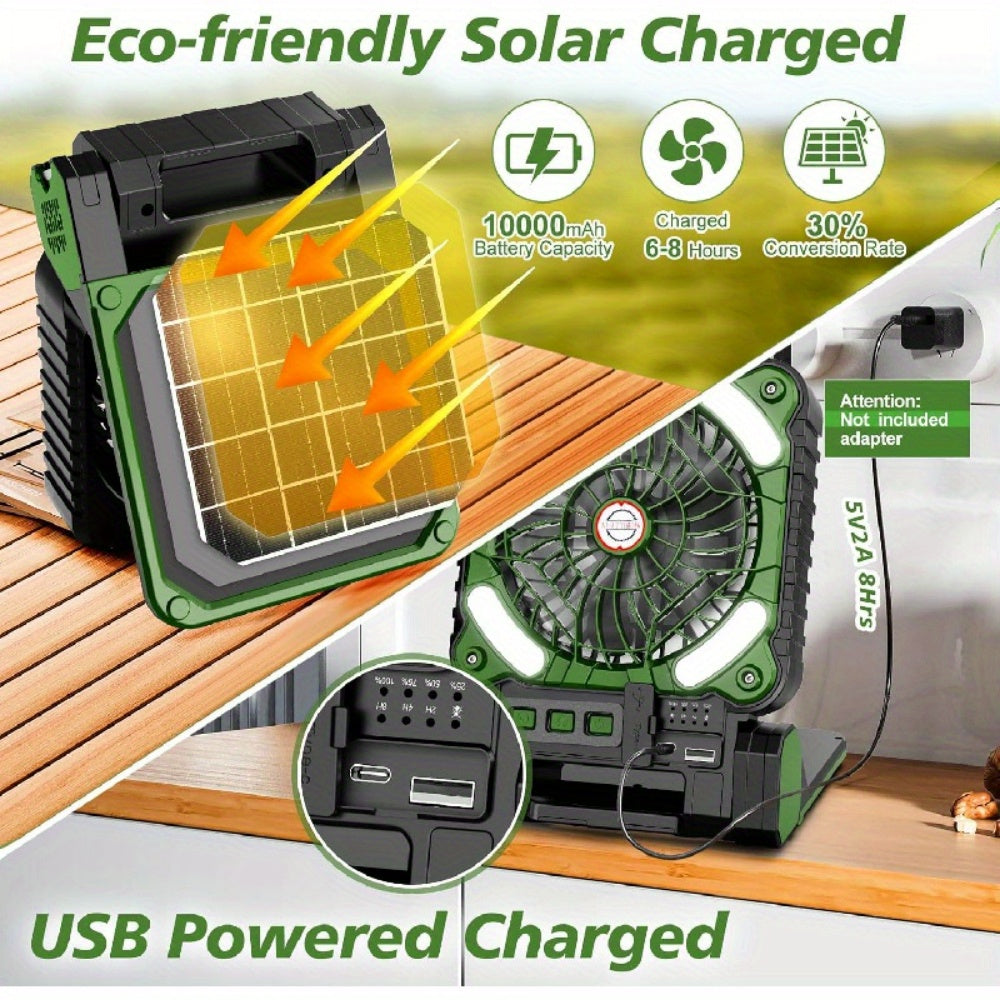 Rechargeable 10000mAh Car Solar Fan - Portable, 4-Speed, Battery Operated, LED Light, Camping Essentials for Picnic, Bedroom, Fishing