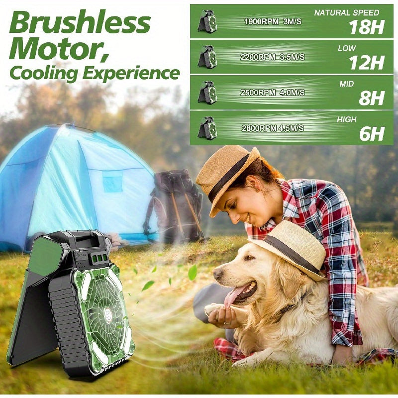 Rechargeable 10000mAh Car Solar Fan - Portable, 4-Speed, Battery Operated, LED Light, Camping Essentials for Picnic, Bedroom, Fishing