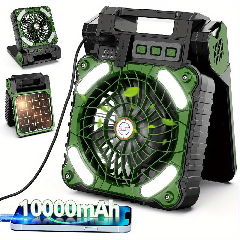 Rechargeable 10000mAh Car Solar Fan - Portable, 4-Speed, Battery Operated, LED Light, Camping Essentials for Picnic, Bedroom, Fishing