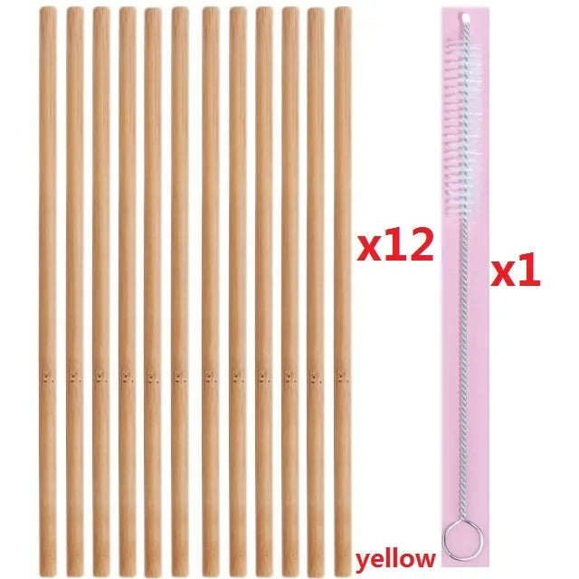 Premium Handcrafted Organic 8" Bamboo Drinking Straws. Set of 12 Biodegradable and Reusable Straws W/brush and Travel, BPA Free