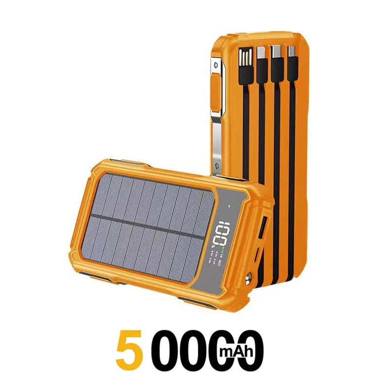 500000mAh Solar Powerbank Portable Large Capacity Charger Fast Charging With Four Cables Digital Display For Ios Android Huaiwei