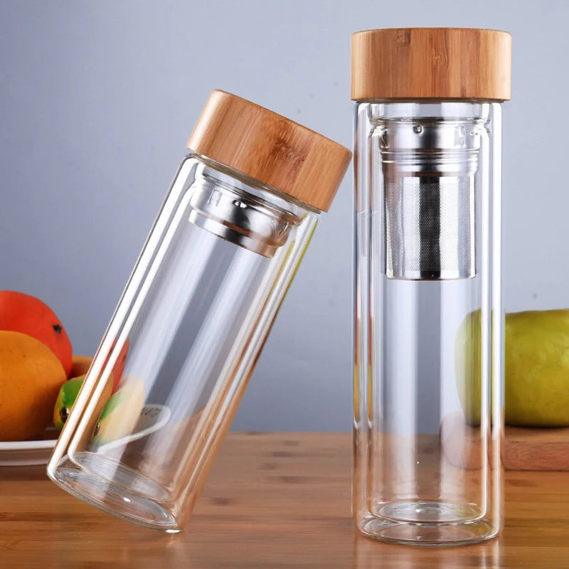 300/400/500ML Double Wall Glass Water Bottle Stainless Steel Filters Bamboo Lid Travel Home Drinkware Tea Infuser Office Tea Cup