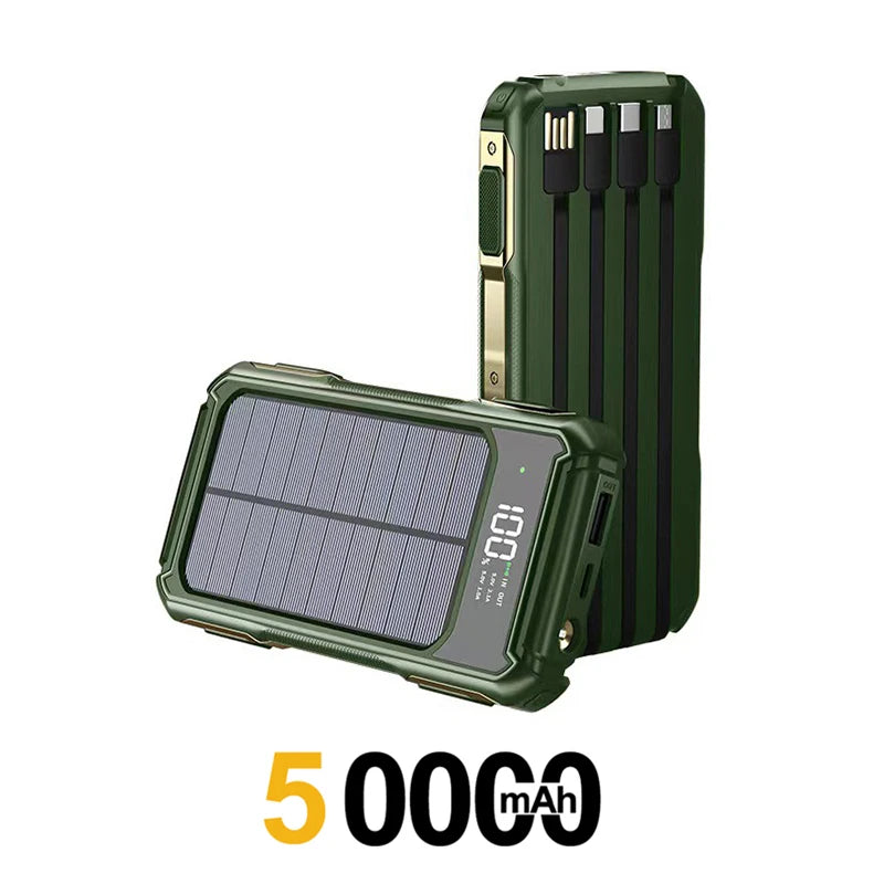 500000mAh Solar Powerbank Portable Large Capacity Charger Fast Charging With Four Cables Digital Display For Ios Android Huaiwei