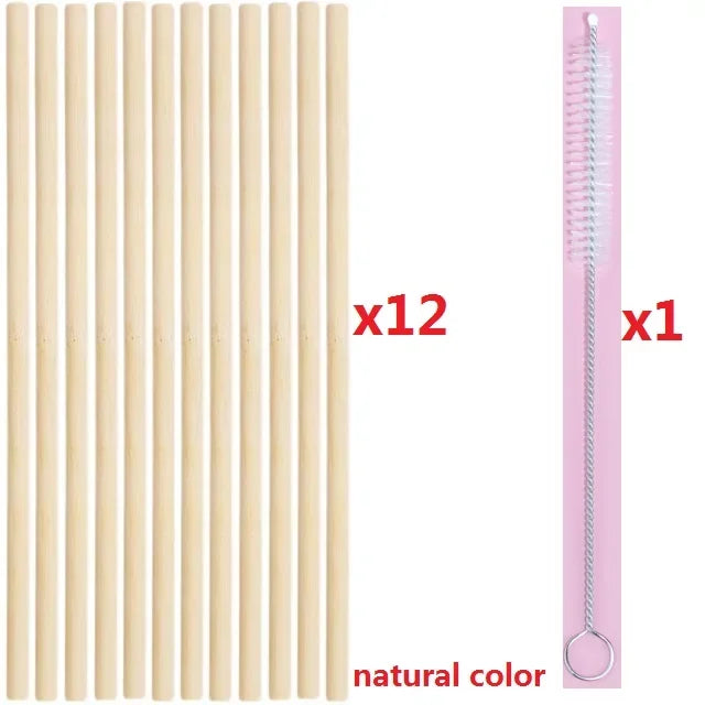Premium Handcrafted Organic 8" Bamboo Drinking Straws. Set of 12 Biodegradable and Reusable Straws W/brush and Travel, BPA Free