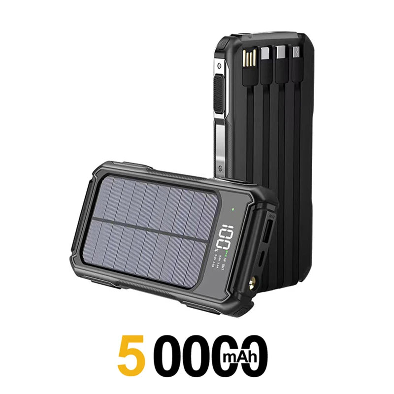 500000mAh Solar Powerbank Portable Large Capacity Charger Fast Charging With Four Cables Digital Display For Ios Android Huaiwei