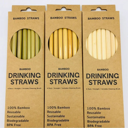 Premium Handcrafted Organic 8" Bamboo Drinking Straws. Set of 12 Biodegradable and Reusable Straws W/brush and Travel, BPA Free