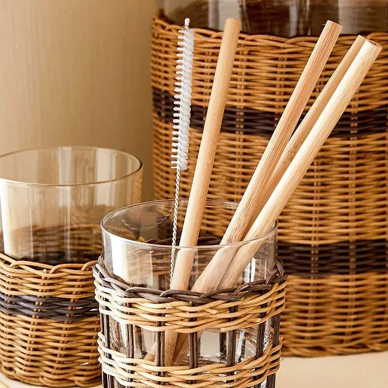 Premium Handcrafted Organic 8" Bamboo Drinking Straws. Set of 12 Biodegradable and Reusable Straws W/brush and Travel, BPA Free